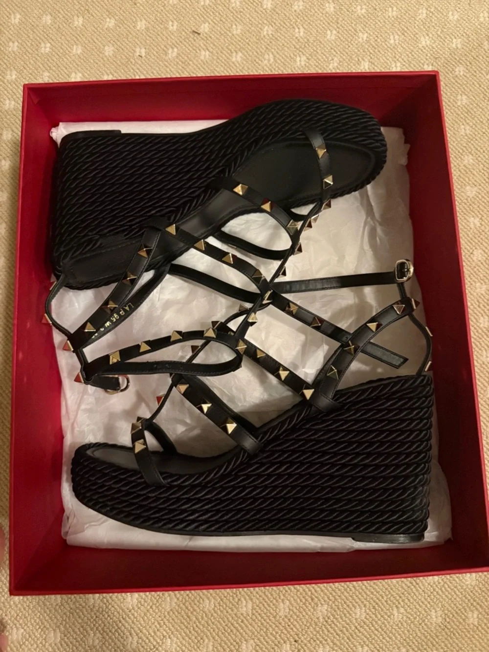 Valentino Garavani Black Wedge Sandals with Gold Pyramid Studs